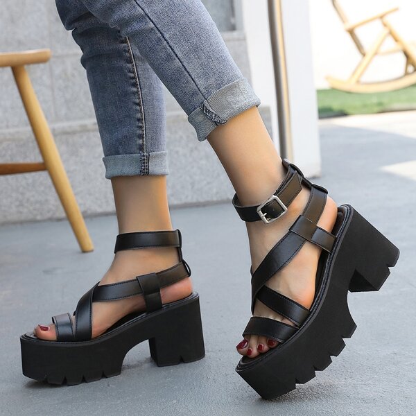 

Cross Strap Chunky Heeled Platform Sandals, Black