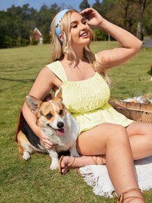 لباس علوي كامي مكشكش بلون موحد مقاس كبير - أصفر - مشاهدة 1