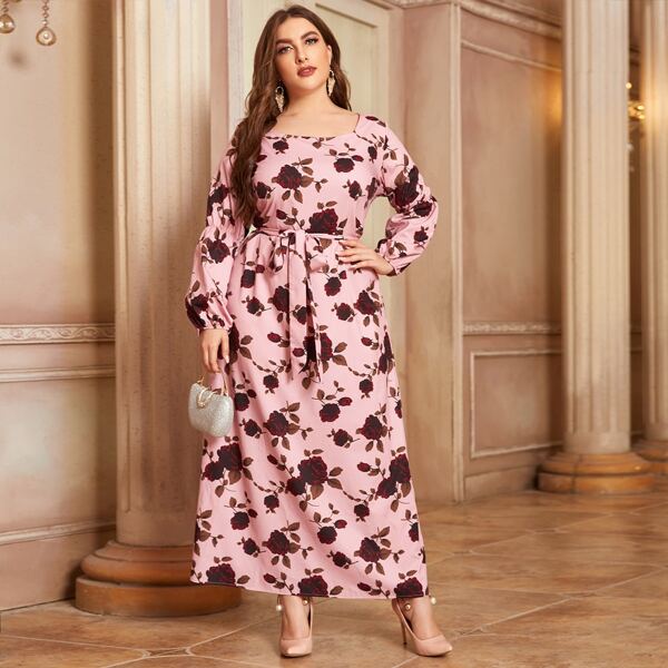 

Plus Floral Print Self Tie Dress, Multicolor