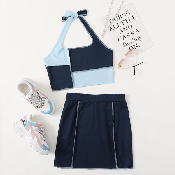 

Plus Contrast Panel Halter Top & Skirt, Navy blue