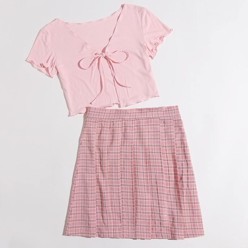 

Solid Tie Front Crop Top & Plaid Skirt, Pink