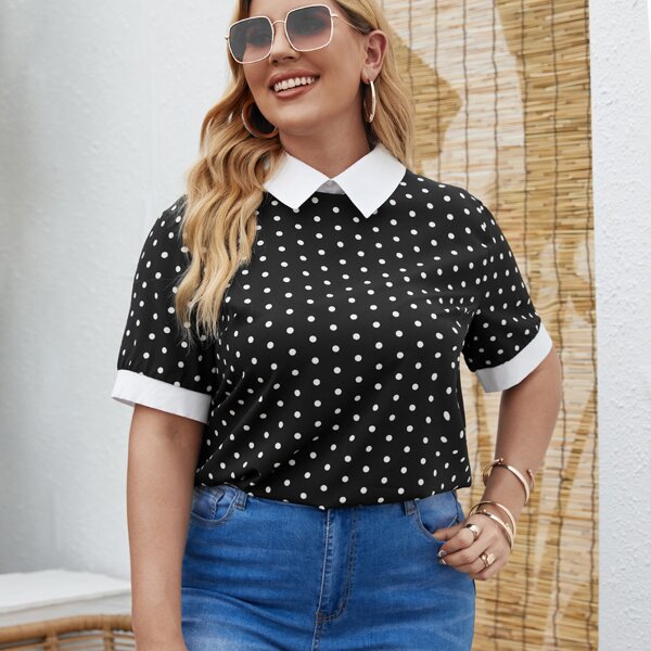 

Plus Polka Dot Contrast Collar Blouse, Black