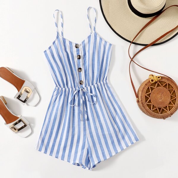

Plus Tie Waist Striped Cami Romper, Blue and white