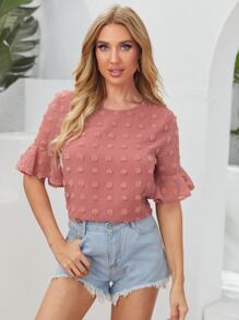 SHEIN VCAY 荷葉邊袖布點上衣 - 藕粉色 - 查看 1