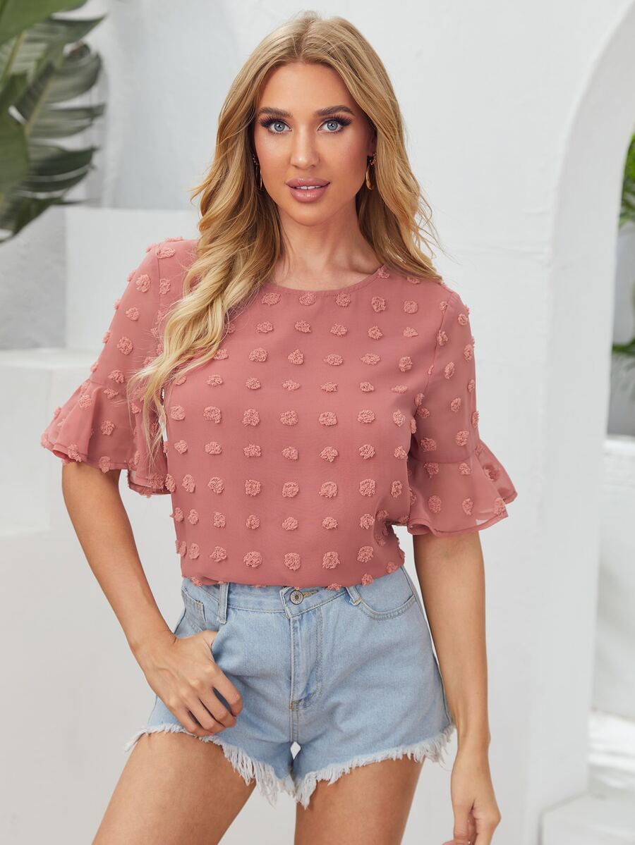 SHEIN VCAY 荷葉邊袖布點上衣 - 藕粉色 - 查看 1
