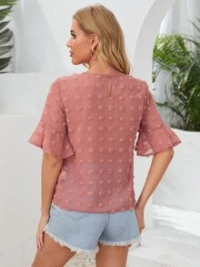 SHEIN VCAY 荷葉邊袖布點上衣 - 藕粉色 - 查看 2
