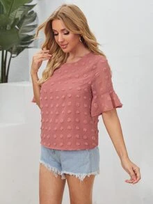 SHEIN VCAY 荷葉邊袖布點上衣 - 藕粉色 - 查看 3
