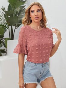 SHEIN VCAY 荷葉邊袖布點上衣 - 藕粉色 - 查看 4