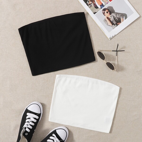 

Plus 2 Pack Rib-knit Crop Tube Top, Black and white