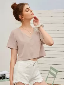 SHEIN EZwear V-neck Crop Tee - Pink - View 1