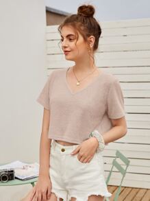 SHEIN EZwear V-neck Crop Tee - Pink - View 4
