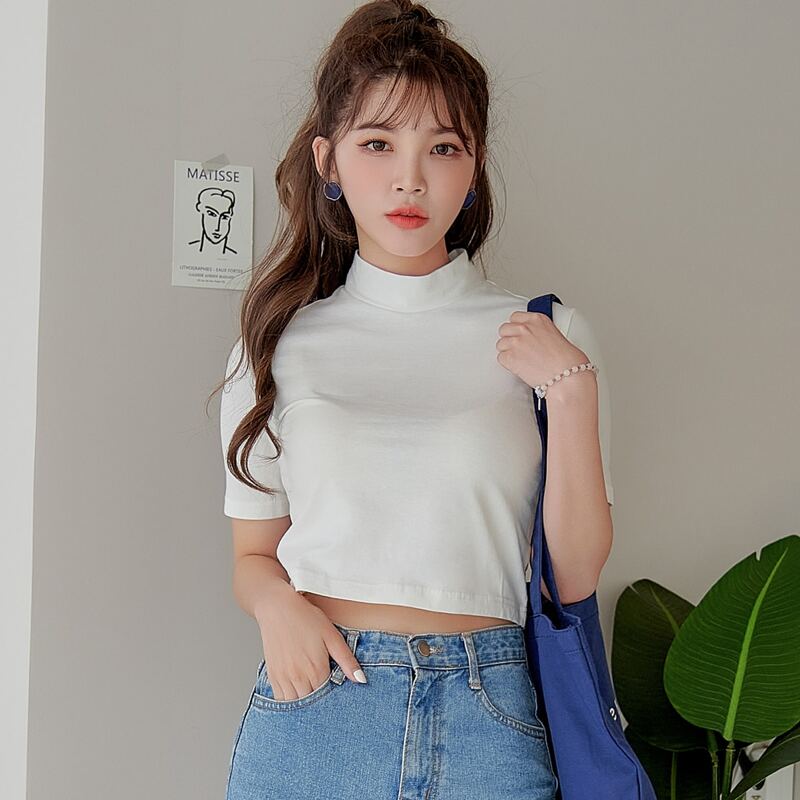 

Solid Stand Collar Crop Tee, White