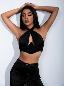 Criss Cross Front Cut Out Halter Top - Black - View 1