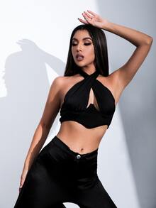 Criss Cross Front Cut Out Halter Top - Black - View 5