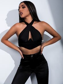 Criss Cross Front Cut Out Halter Top - Black - View 6