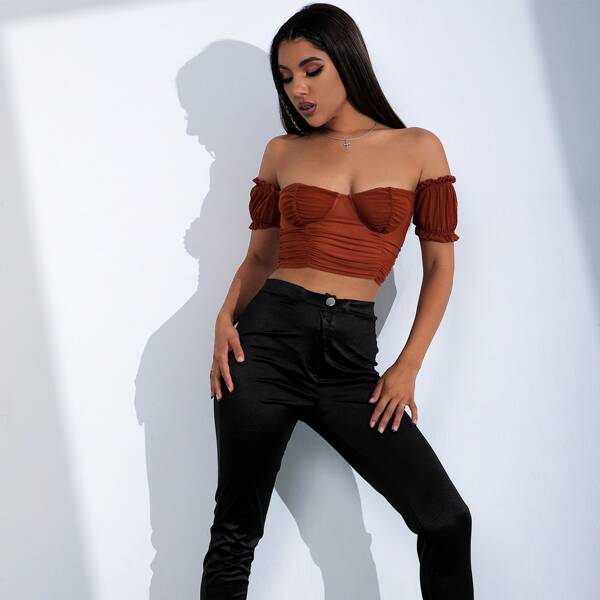 

Off-shoulder Ruched Crop Top, Rust brown