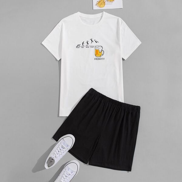 

Men Cartoon & Letter Graphic Tee With Track Shorts, Black and white