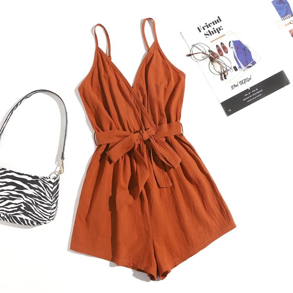 

Solid Belted Surplice Front Cami Romper, Burnt orange