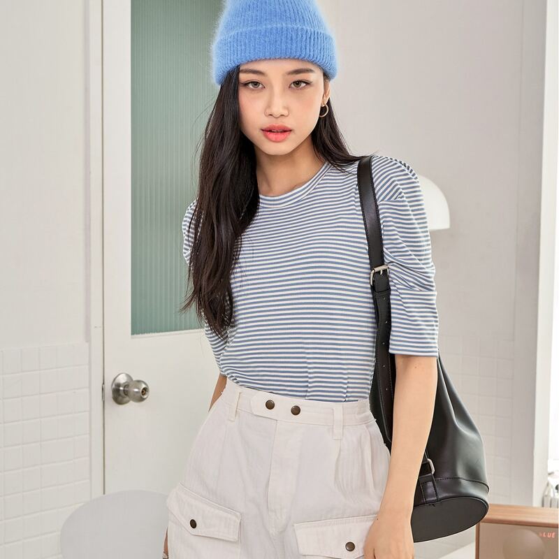 

Puff Sleeve Striped Tee, Dusty blue
