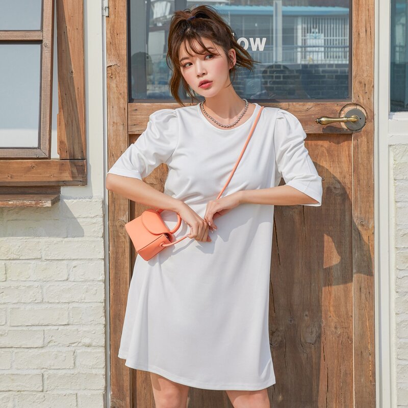 

Solid Puff Sleeve Tunic Dress, White