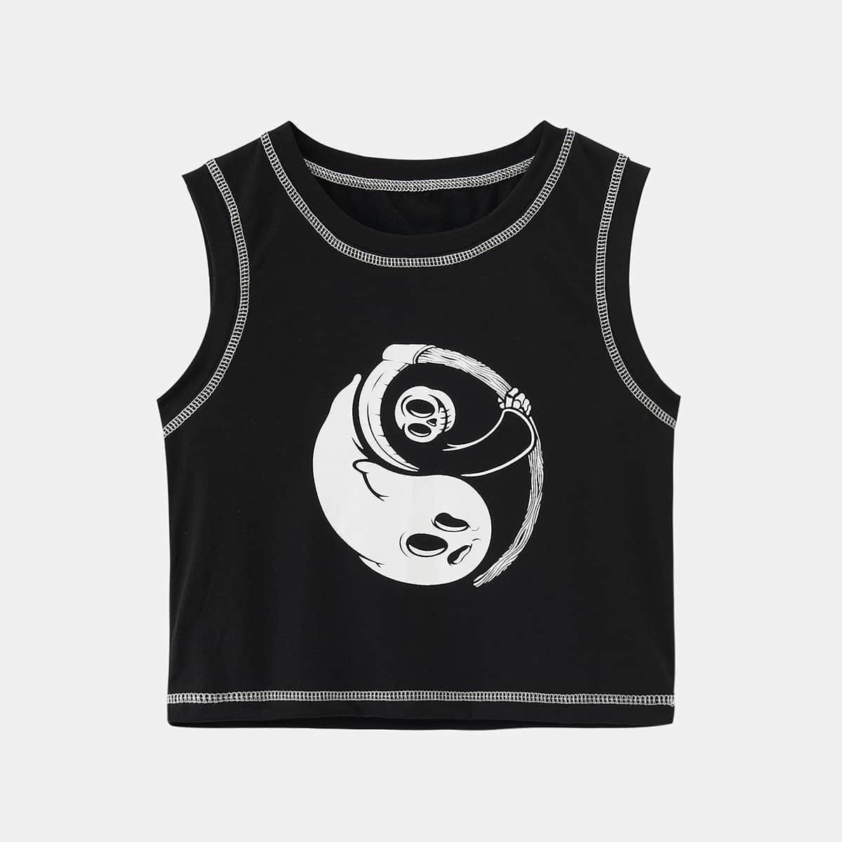 

Stitching Trim Skull Graphic Tank Top, Black