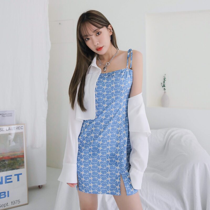 

1pc Allover Print Slit Hem Cami Dress, Baby blue