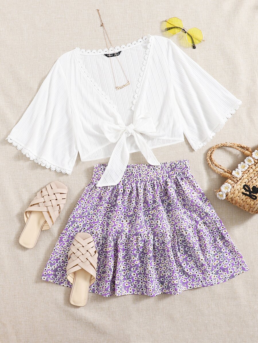 Soleia Tie Front Lace Trim Top & Ditsy Floral Skirt Set - Multicolor - View 1