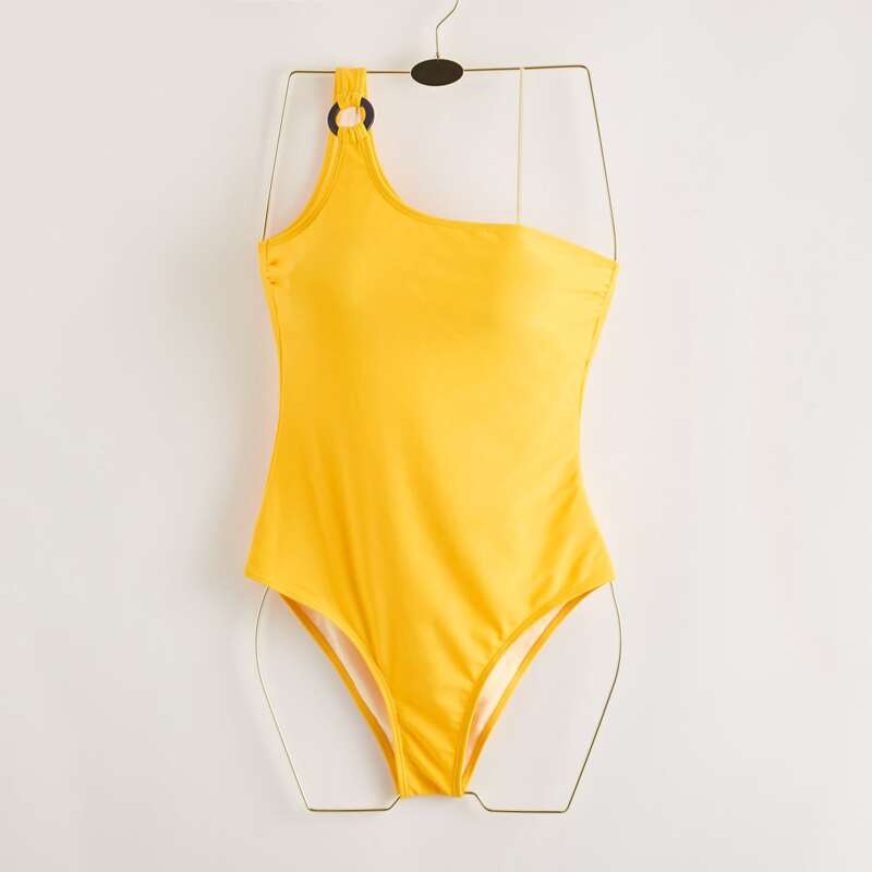 

One Shoulder Solid One Piece Swimsuit, Yellow