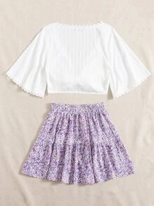 Soleia Tie Front Lace Trim Top & Ditsy Floral Skirt Set - Multicolor - View 2