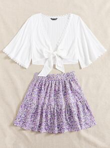 Soleia Tie Front Lace Trim Top & Ditsy Floral Skirt Set - Multicolor - View 5