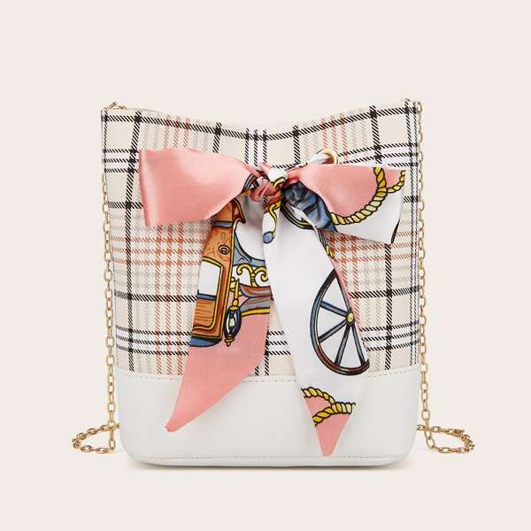 

Twilly Scarf Decor Plaid Bucket Bag, Beige
