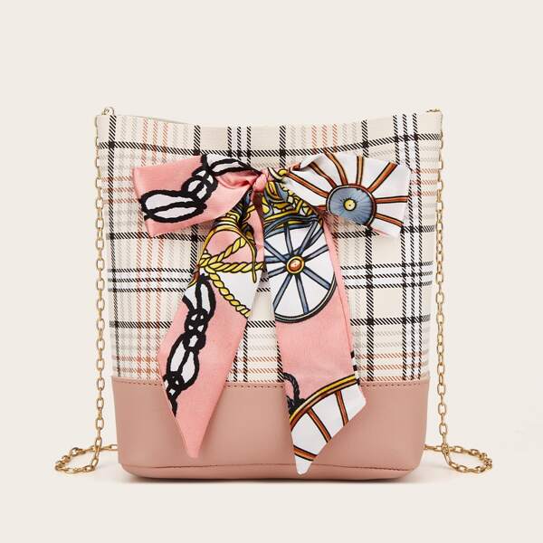

Twilly Scarf Decor Plaid Bucket Bag, Pink