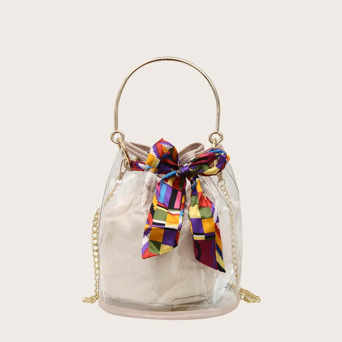 

Scarf Knot Clear Bucket Bag, Beige