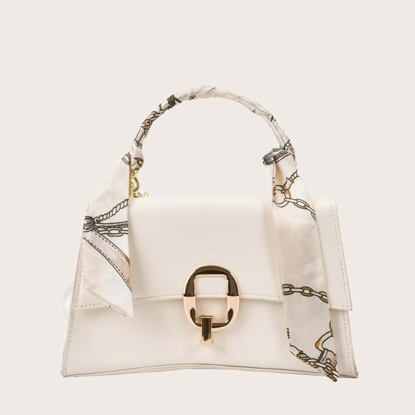 

Random Twilly Scarf Decor Satchel Bag, Beige