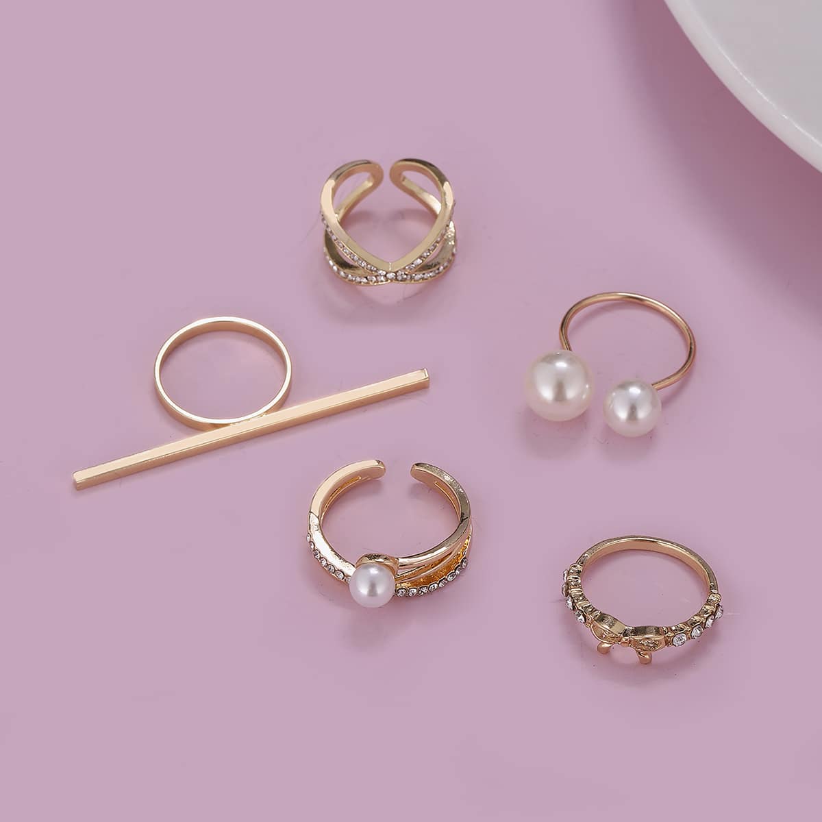 

5pcs Rhinestone & Faux Pearl Decor Ring, Gold