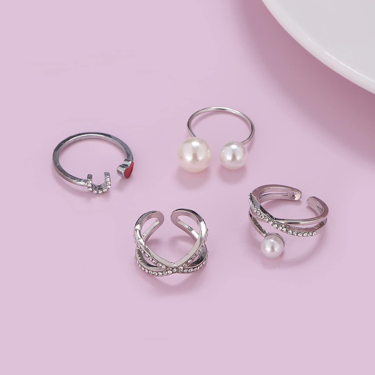 

4pcs Rhinestone & Faux Pearl Decor Ring, Silver