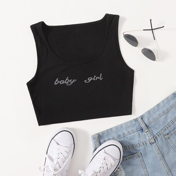 

Letter Graphic Crop Tank Top, Black