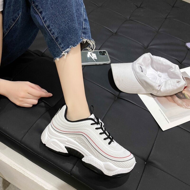

Striped Lace-up Mesh Chunky Sneakers, White