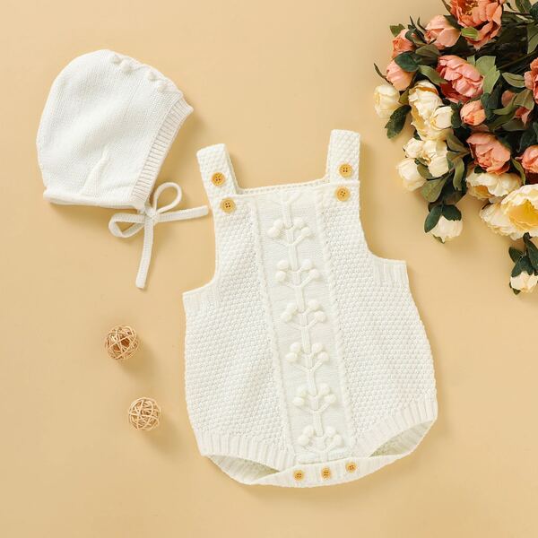

Baby Unisex Pom Pom Knit Bodysuit With Hat, Beige