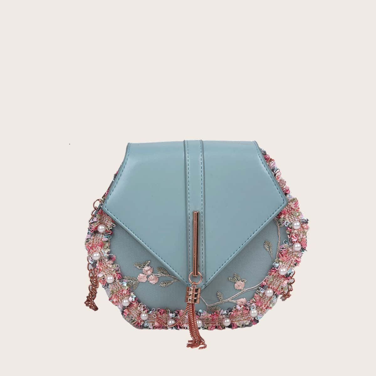 

Faux Pearl Trim Tassel Crossbody Bag, Dusty blue