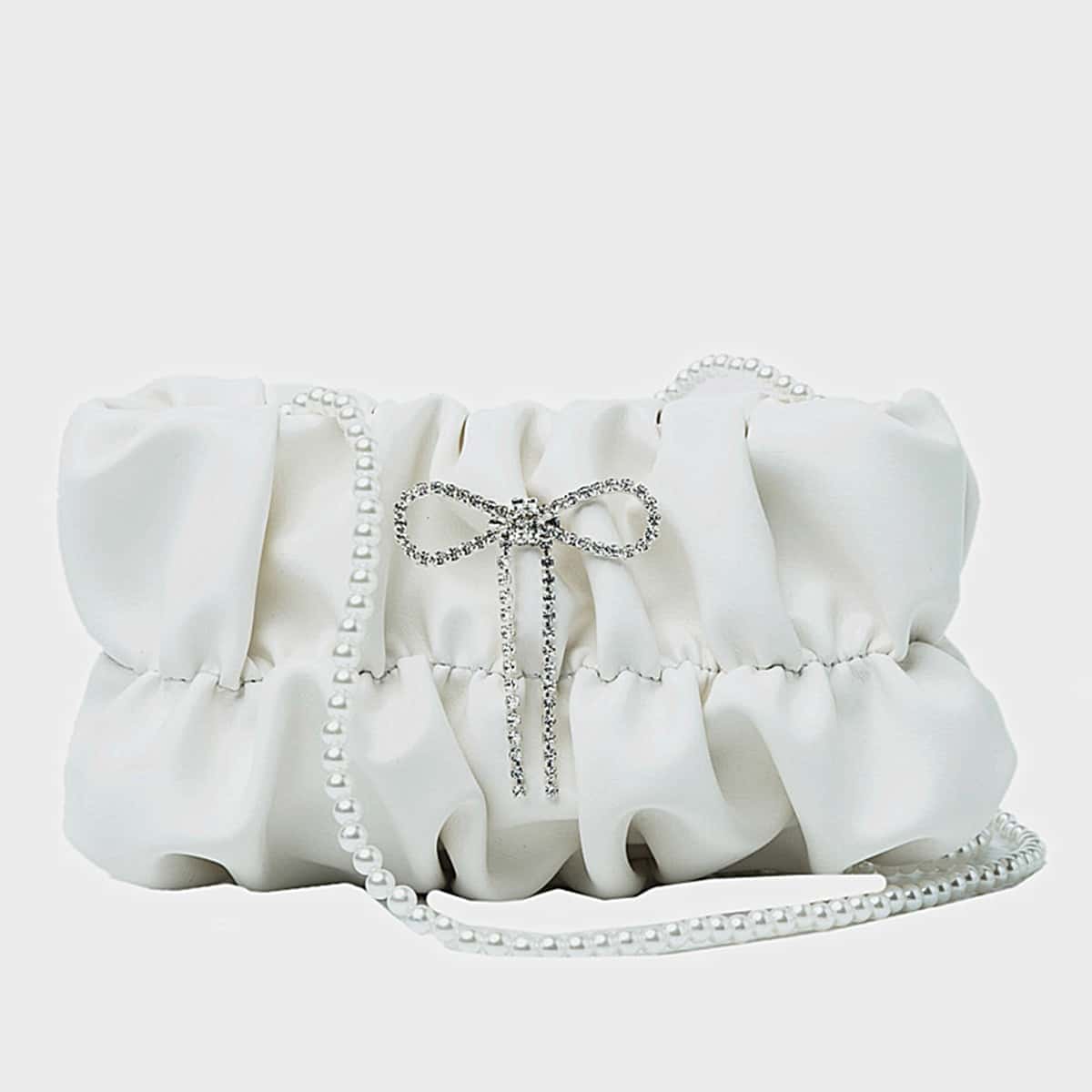 

Rhinestone Bow Ruched Crossbody Bag, White