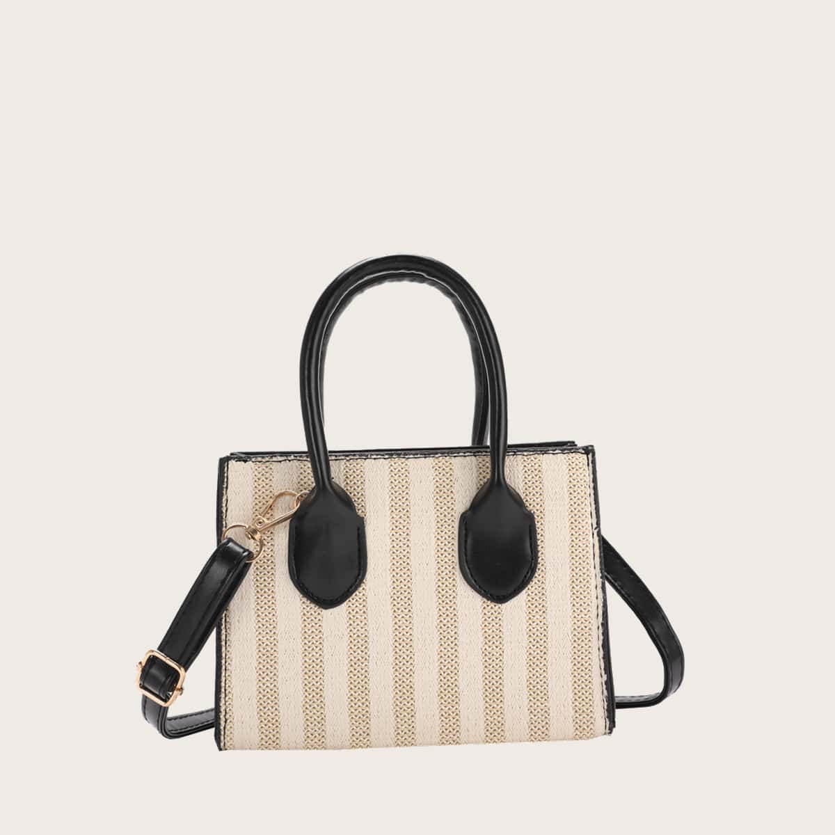 

Colorblock Strap Striped Satchel Bag, Beige