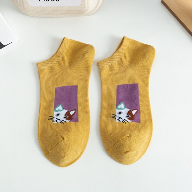 

Cartoon Cat Ankle Socks, Yellow