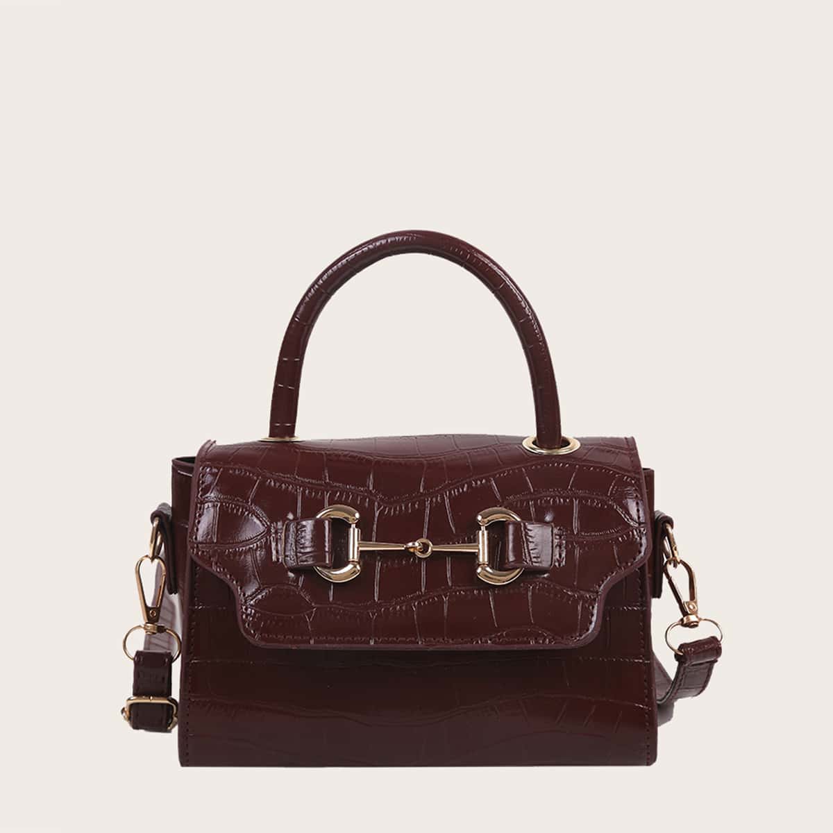 

Croc Embossed Satchel Bag, Coffee brown