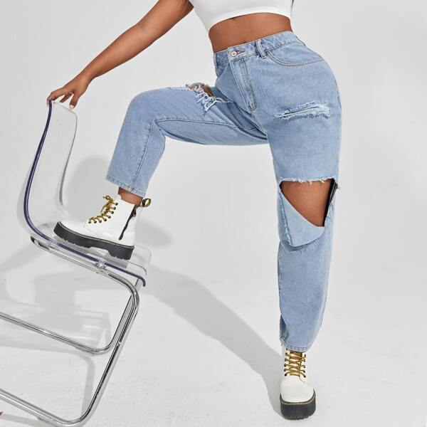 

Plus High Waist Ripped Jeans, Light wash