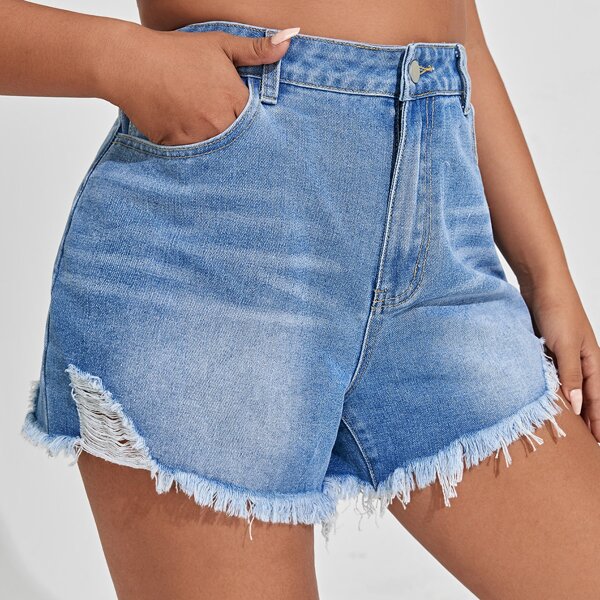 

Plus High Waist Ripped Raw Hem Denim Shorts, Light wash