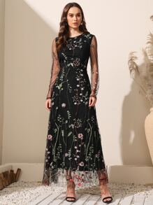 SHEIN Clasi Floral Embroidery Mesh Overlay Dress - Black - View 1