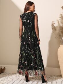 SHEIN Clasi Floral Embroidery Mesh Overlay Dress - Black - View 2
