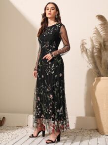 SHEIN Clasi Floral Embroidery Mesh Overlay Dress - Black - View 3