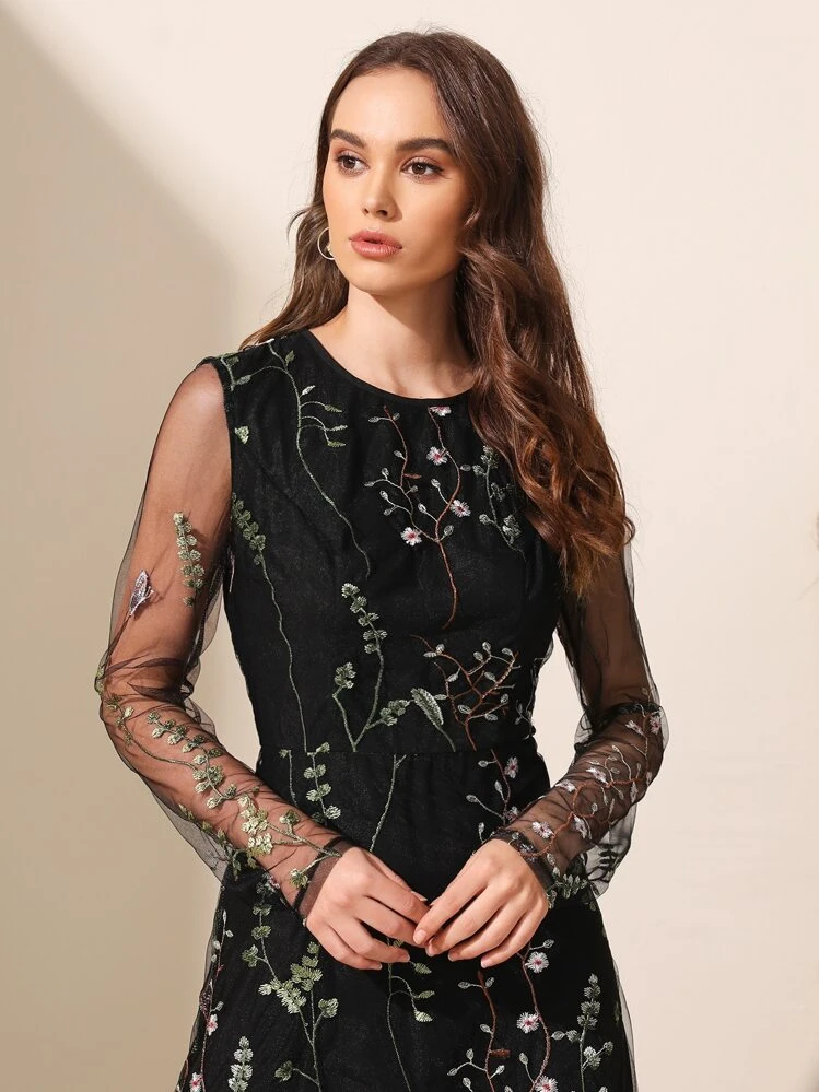 shein embroidered mesh dress SHEIN Belle Floral Embroidery Mesh Overlay Dress